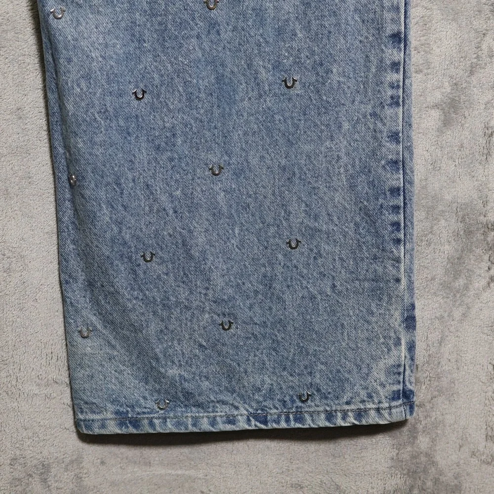True Religion Jeans Mens 34x32 Blue Vinny Baggy All Over Logo Wide Leg Skater